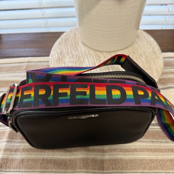 KARL LAGERFELD PARIS MAYBELLE CAMERA CROSSBODY BAG RAINBOW STRIPE STRAP CASUAL - Picture 15 of 16